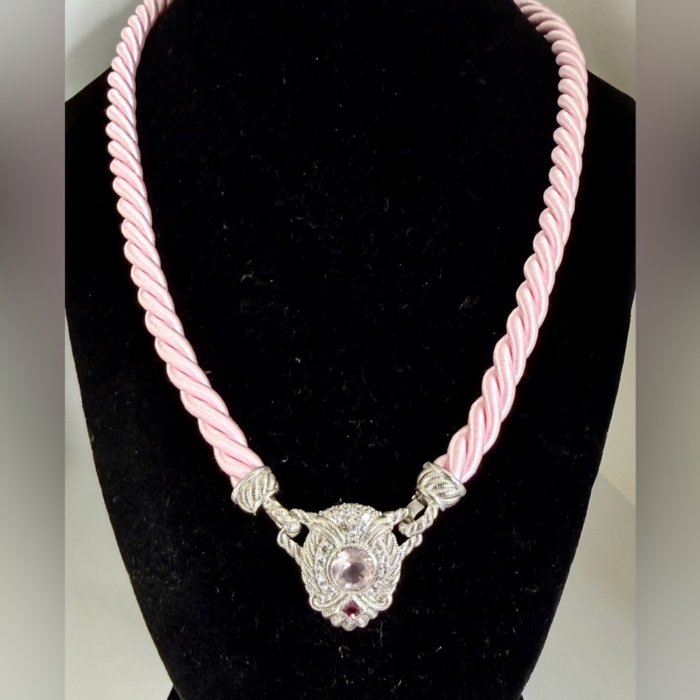 JUDITH RIPKA Sterling Silver Twisted Pink Silk Cord Removable Pendant Necklace
